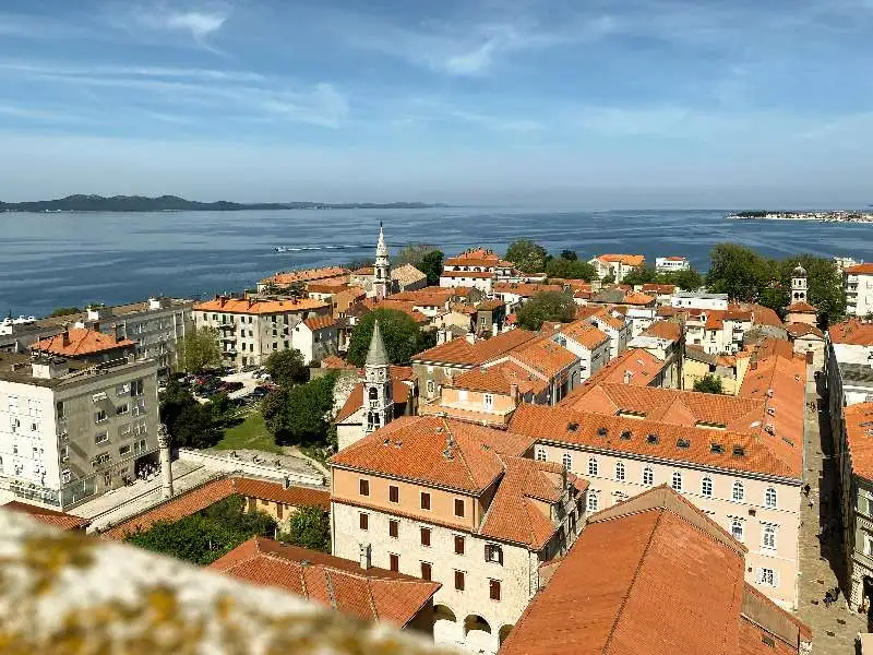 Aerial view of Zadar Old Town peninsula surrounded by the Adriatic sea